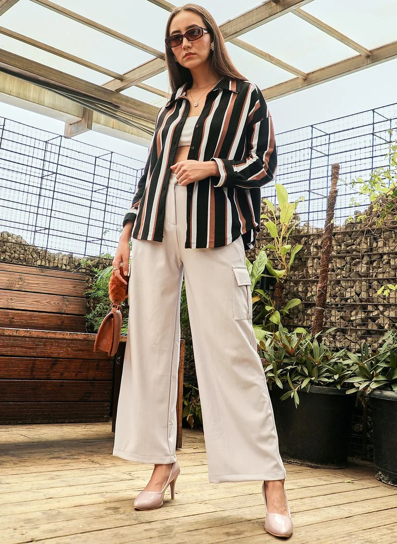 PINACOLADA Women's Midnight Black & Mocha Brown Striped Boxy Shirt