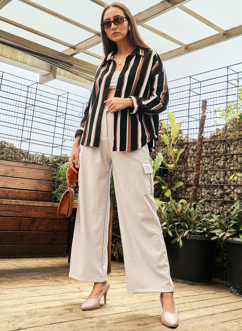 PINACOLADA Women's Midnight Black & Mocha Brown Striped Boxy Shirt  - Image 3