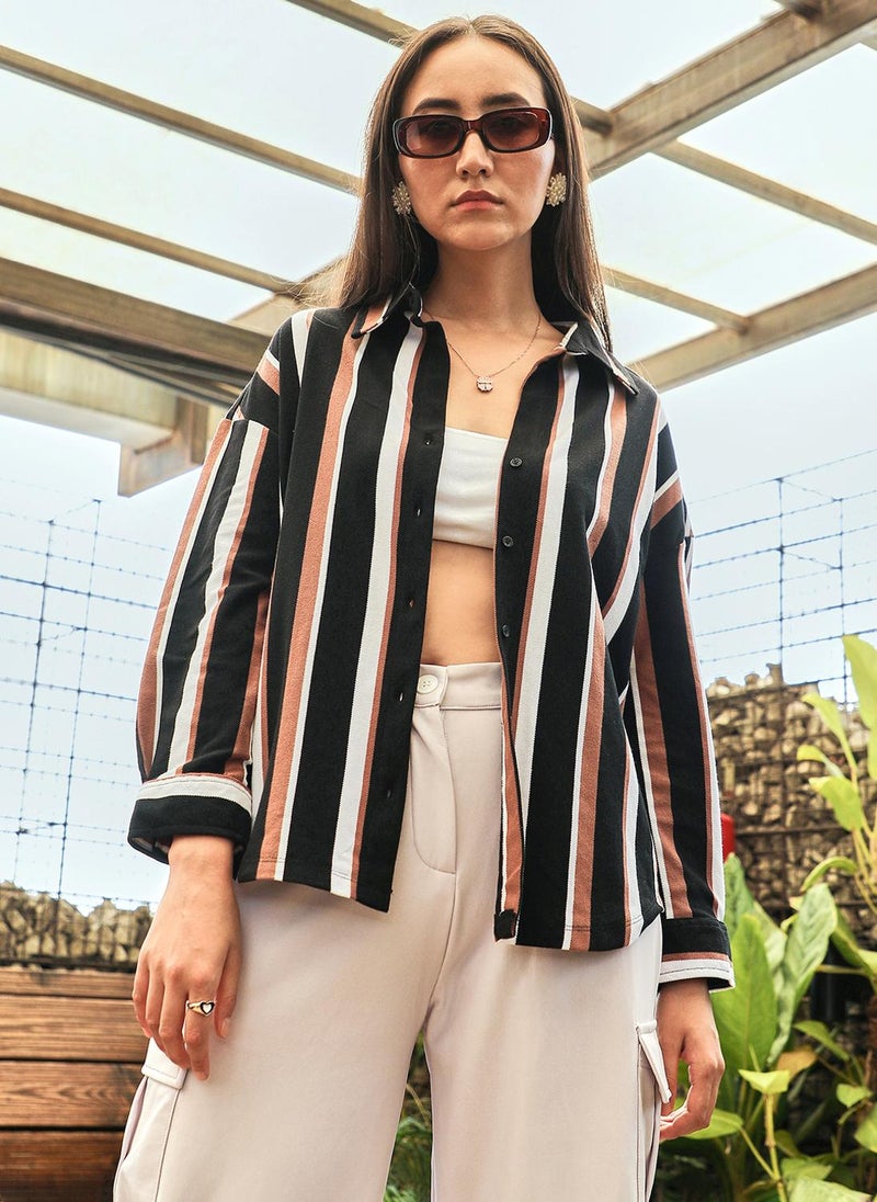 PINACOLADA Women's Midnight Black & Mocha Brown Striped Boxy Shirt  - Image 2