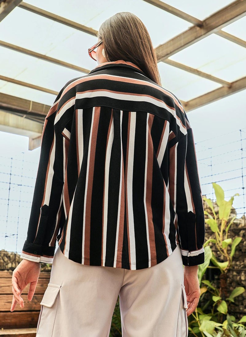 PINACOLADA Women's Midnight Black & Mocha Brown Striped Boxy Shirt  - Image 5