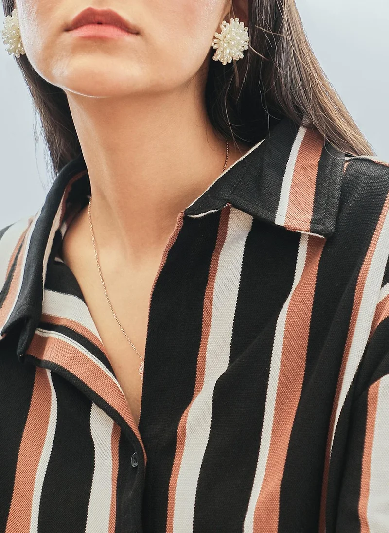 PINACOLADA Women's Midnight Black & Mocha Brown Striped Boxy Shirt