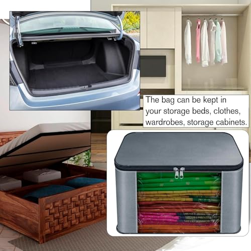 HOLLIO Moisture Proof Nylon Wardrobe Organizer Storage Bag For Clothes with Transparent Pocket Storage box for Clothes Saree Bags with Zippered Closure & Handle (37x35x23 cm) (GREY, SET OF 3) - Image 3