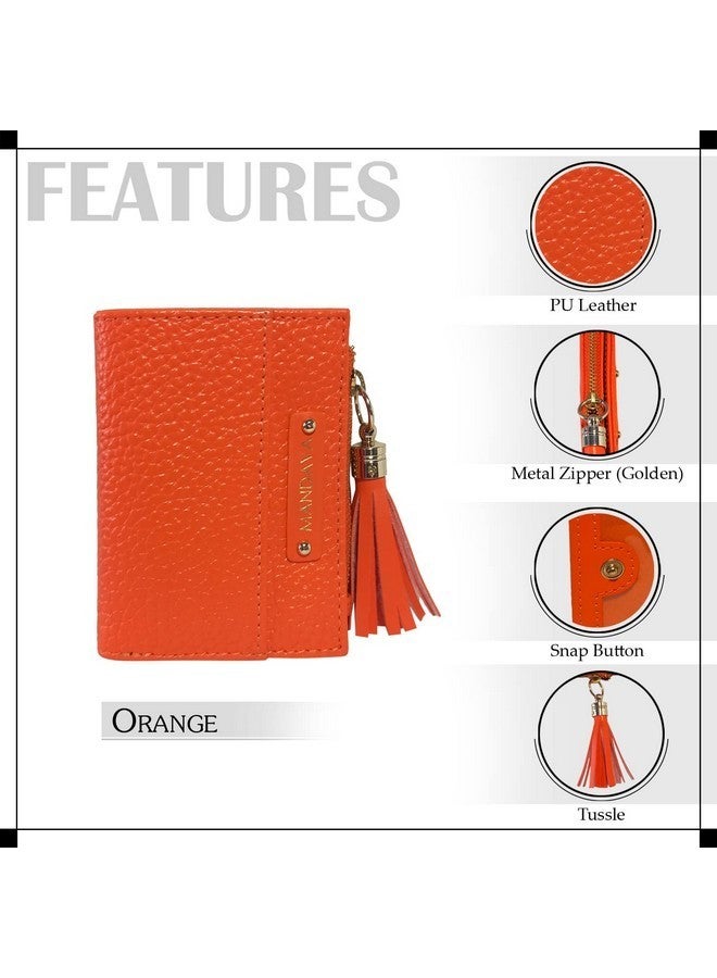 MANDAVA Womens Small Bifold PU Leather Wallet with Tussle | Ladies Slim Compact Card Holder Organizer Coin Purse (Orange) - Image 3