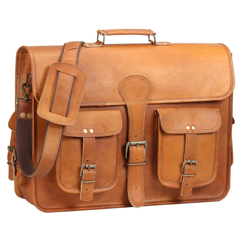 HULSH 18 Inches Leather Laptop Bag for Men Genuine Leather Briefcase Vintage Look Messenger Bag Tan - Image 2