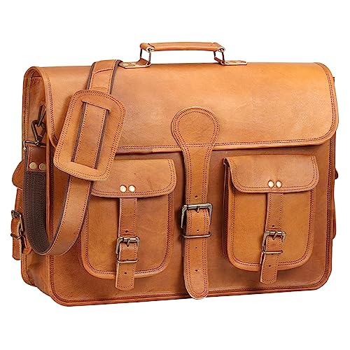 HULSH 18 Inches Leather Laptop Bag for Men Genuine Leather Briefcase Vintage Look Messenger Bag Tan - Image 1