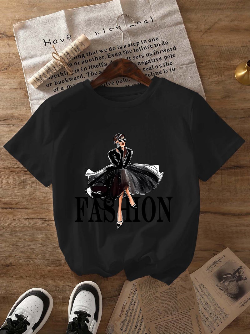 Independent Station Women'S Tops Round Neck Cartoon Printed Short-Sleeved T-Shirt-M - Image 1