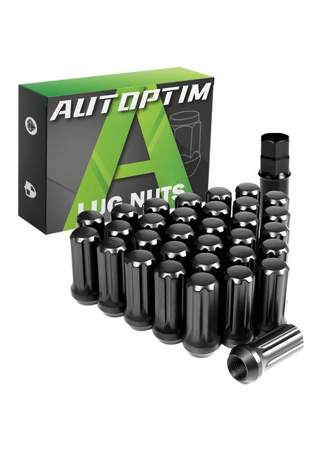 AUTOPTIM 32Pcs M14x1.5 Black Lug Nuts - Replacement for Chevy Silverado 1500 Ram 2500 3500 GMC Sierra Ford F250 8 Lug Aftermarket Wheel, 7 Spline Closed End Conical Seat Long Nuts with Socket Key - Image 1