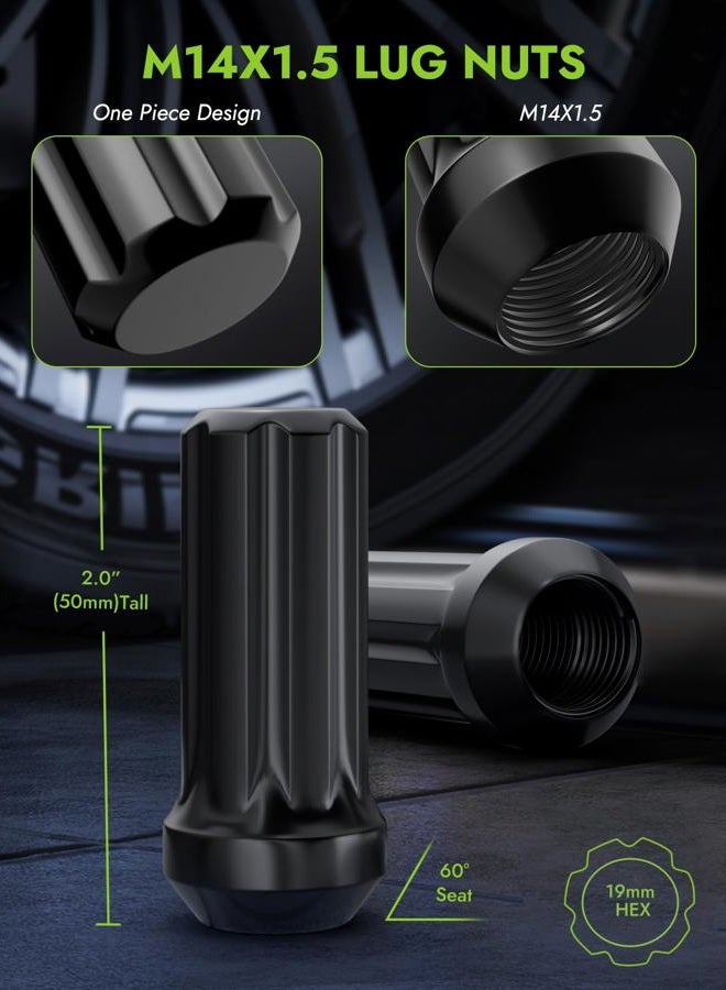 AUTOPTIM 32Pcs M14x1.5 Black Lug Nuts - Replacement for Chevy Silverado 1500 Ram 2500 3500 GMC Sierra Ford F250 8 Lug Aftermarket Wheel, 7 Spline Closed End Conical Seat Long Nuts with Socket Key - Image 2