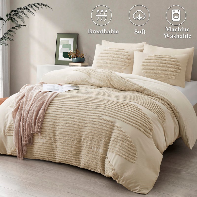BEDAZZLED Queen Size Duvet Cover, 5 Pieces Beige Textured Duvet Cover Sets, Soft and Breathable Boho Tufted Bedding Comforter Cover Set for Gifts, Comforter Not Included (Beige, Queen) - Image 2