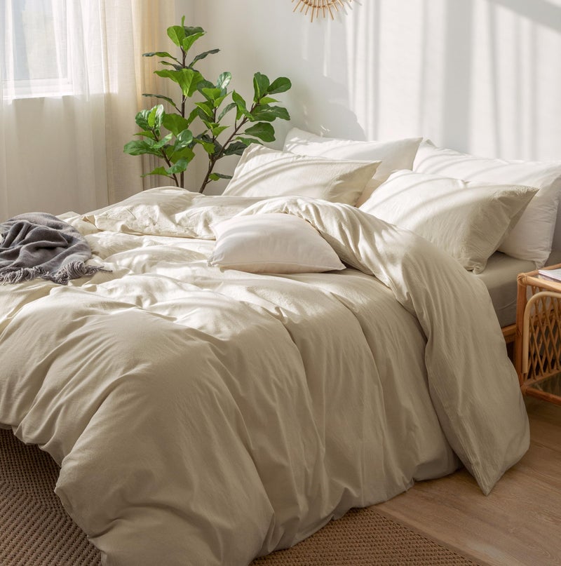 MooMee Bedding Pillowcases Pack of 2 100% Washed Cotton Linen Like Textured Breathable Durable Soft Comfy (Almond Milk Grey  Standard) - Image 5