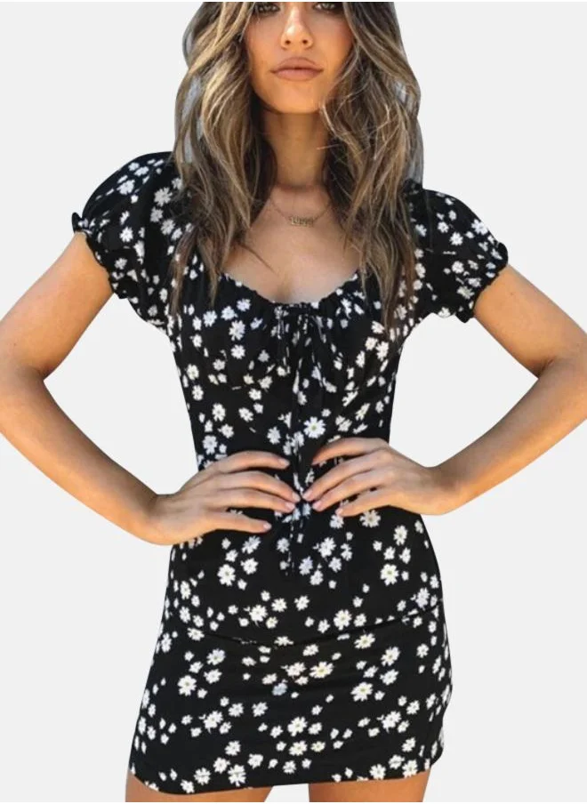 YUNIQEE Black Floral Printed Puff Slevee Sheath Dress