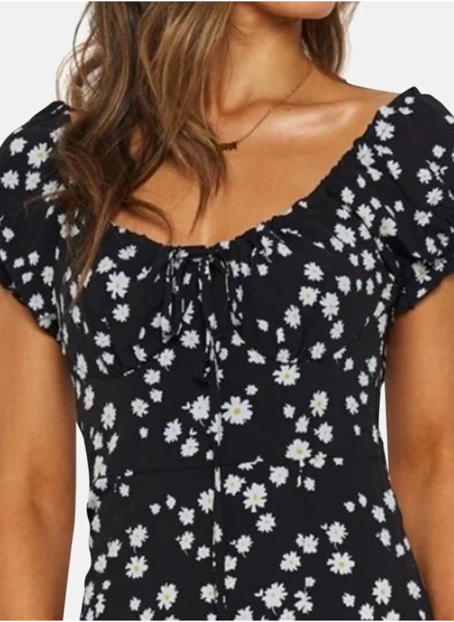 YUNIQEE Black Floral Printed Puff Slevee Sheath Dress
