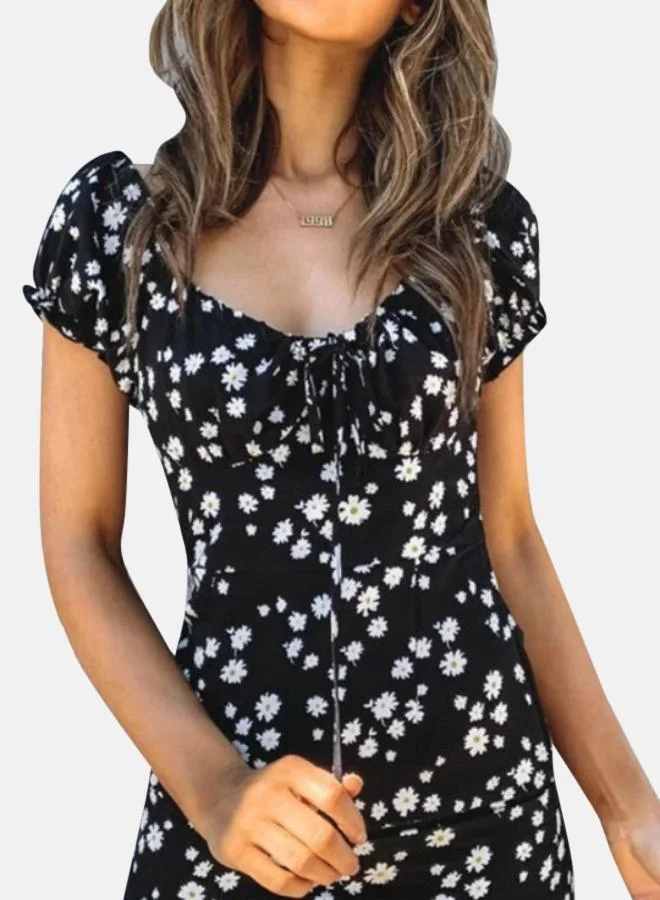 يونيكي Black Floral Printed Puff Slevee Sheath Dress