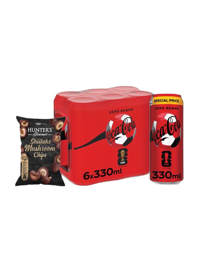 noon Hunter's Gourmet Shiitake Mushroom Chips 55g + Coca Cola Zero Calories Carbonated Soft Drink Can 330ml Pack of 6