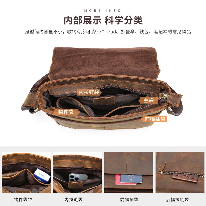 Marute Leather Men'S Messenger Bag Crazy Horse Leather Shoulder Bag Men'S British Casual Large Capacity Shoulder Bag - Image 4