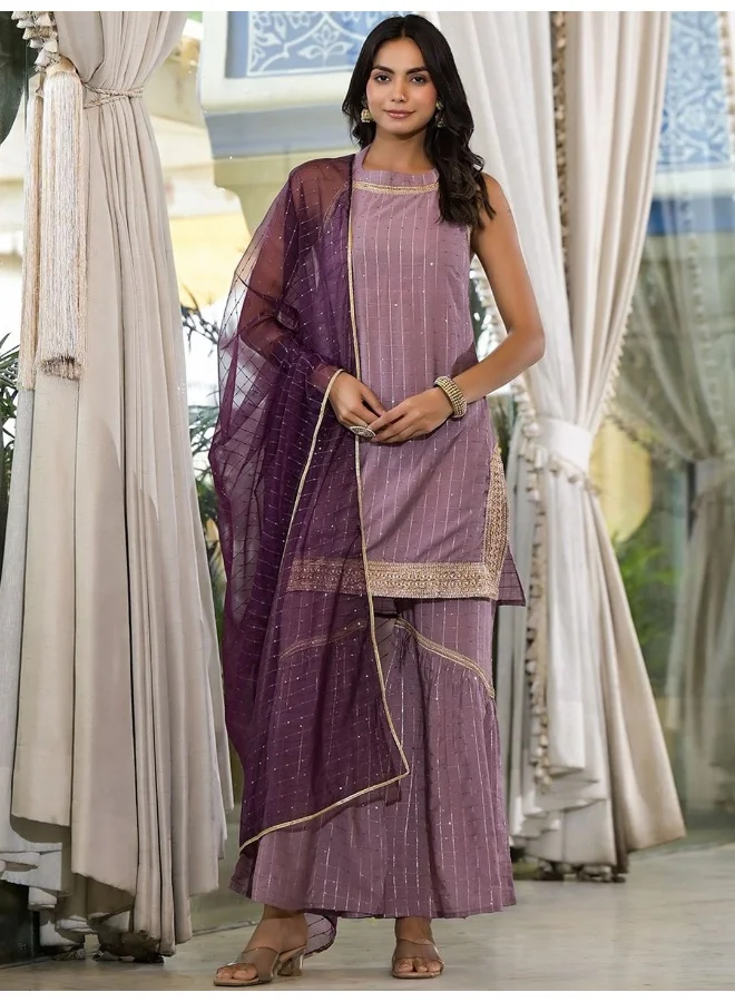 AKS AKS Couture Checked Regular Sequinned Pure Cotton Straight Kurti with Sharara & Dupatta