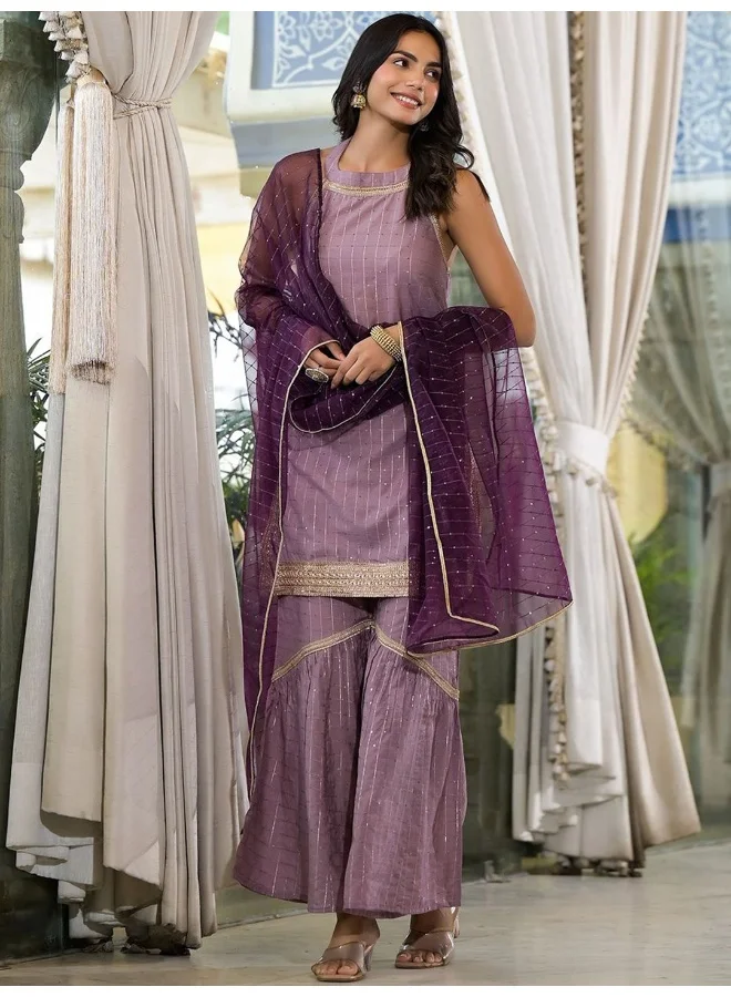 AKS AKS Couture Checked Regular Sequinned Pure Cotton Straight Kurti with Sharara & Dupatta