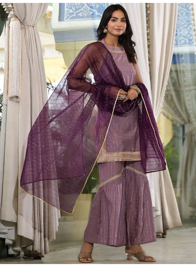 AKS AKS Couture Checked Regular Sequinned Pure Cotton Straight Kurti with Sharara & Dupatta