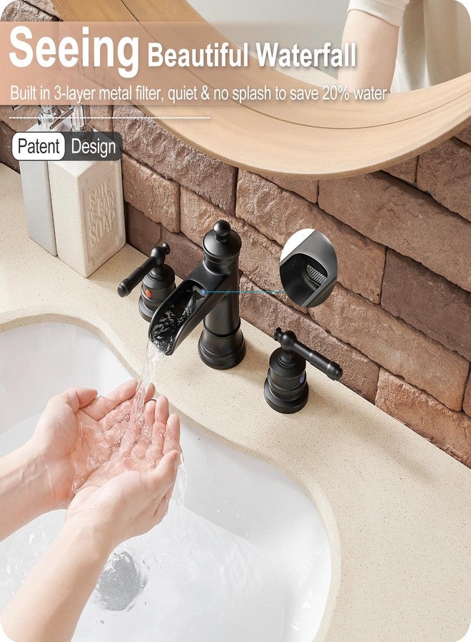 HOIGY Black Waterfall Bathroom Faucet Widespread, Brass Bathroom Faucets for Sink 3 Hole, 4-16 Inch Faucet Bathroom Vanity Faucet with 2 Handles Supply Hoses & Pop-Up Drain for Modern Farmhouse - Image 2