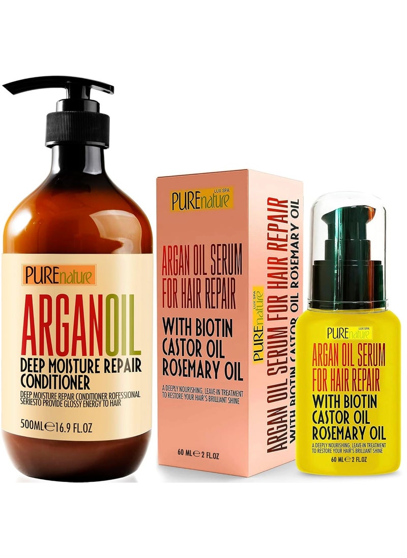 Pure Nature Lux Spa - PURE NATURE Lux Spa Moroccan Argan Oil Conditioner and Hair Serum with Biotin Castor  Rosemary  Deep Hydration Thermal Protection Sulfate Free For Dry Frizzy Damaged Hair - Image 1