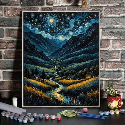 ldazao Paint by Numbers Kit for Adults Beginner Starry Country Night Adult Paint by Number Kits On Canvas Adults PaintbyNumber Kits DIY Oil Painting Kits for Gift Home Wall Art Decor 16x20 Inch - Image 3