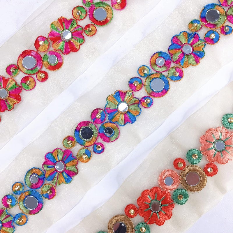 Lami لأمي شريط تطريز متعدد الألوان بطول 9 متر، عمل مرآة وحجر ماسي، شريط تطريز مزخرف، قاعدة نايلون زجاجية بيج، شريط ساري مصمم، دوباتا زفاف (متعدد الألوان) - Image 3