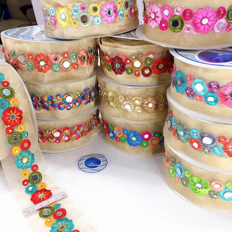 Lami لأمي شريط تطريز متعدد الألوان بطول 9 متر، عمل مرآة وحجر ماسي، شريط تطريز مزخرف، قاعدة نايلون زجاجية بيج، شريط ساري مصمم، دوباتا زفاف (متعدد الألوان) - Image 2