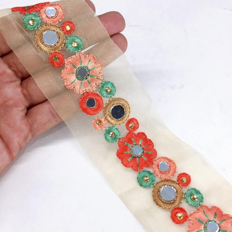 Lami لأمي شريط تطريز متعدد الألوان بطول 9 متر، عمل مرآة وحجر ماسي، شريط تطريز مزخرف، قاعدة نايلون زجاجية بيج، شريط ساري مصمم، دوباتا زفاف (متعدد الألوان) - Image 1