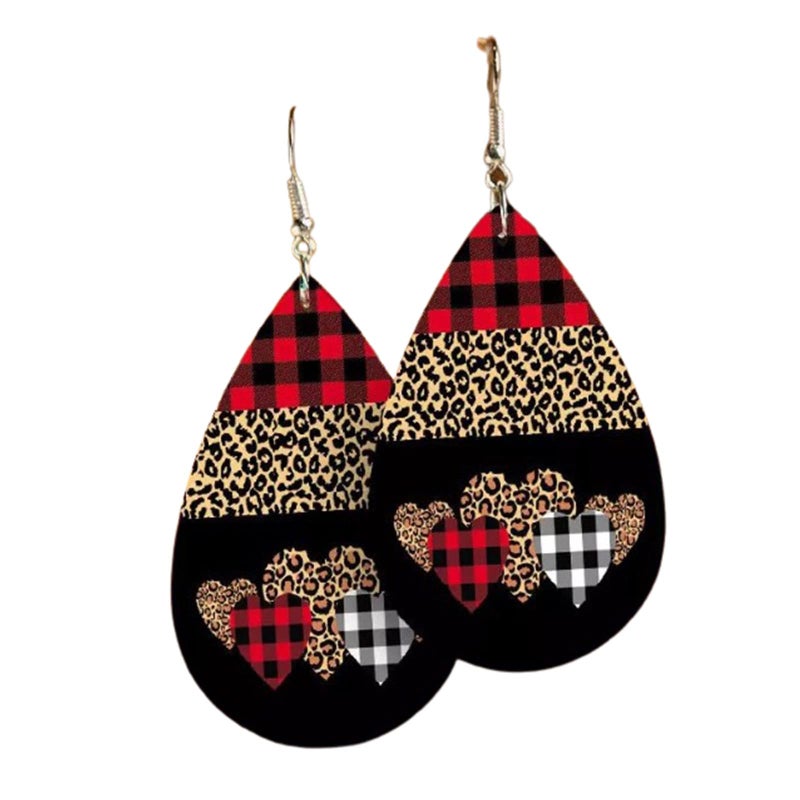 Valentine's Day Love Heart Leather Earrings Red Black Striped Buffalo Plaid Check Dangle Earrings Buffalo Leopard Printed Drop Earring for Women Jewelry