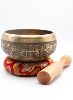 Alpine Crystals UAE Authentic Himalayan Scripts Engraved Singing Bowl Single Set Handcrafted in Nepal Beautiful Design (309 grams) Includes Traditional Wooden Striker and Silk Cushion  - Image 1