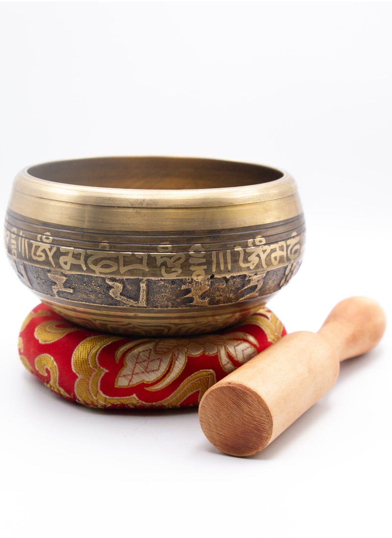 Alpine Crystals UAE - Authentic Himalayan Scripts Engraved Singing Bowl Single Set Handcrafted in Nepal Beautiful Design (309 grams) Includes Traditional Wooden Striker and Silk Cushion - Image 1