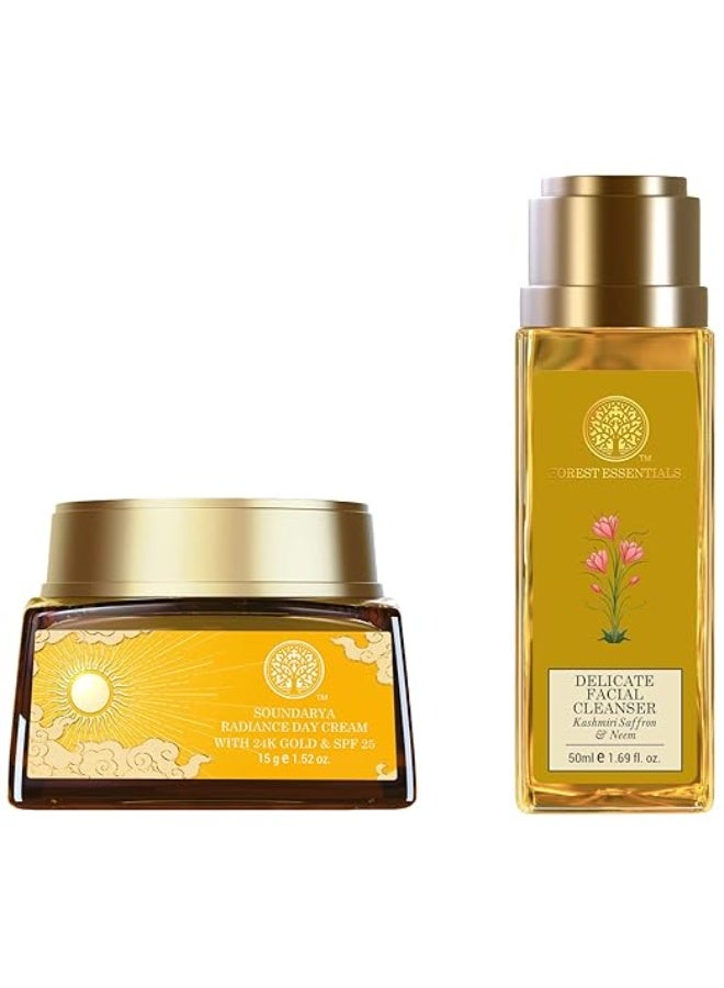 فورست اسينشالز كريم ساونداريا راديانس من فورست إسينشالز مع الذهب عيار 24 وعامل حماية من الشمس SPF 25، وغسول الوجه اللطيف من فورست إسينشالز بالزعفران الكشميري والنيم. - Image 1