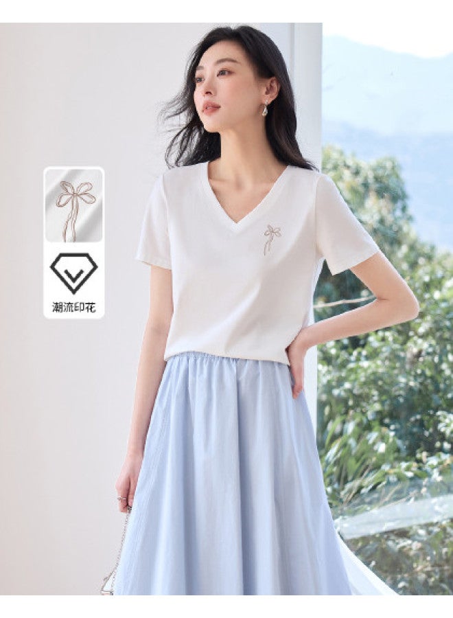 Hstyle v-neck Women's T-shirt 2025 Summer Thin Casual Short Sleeve Slim-fit Premium Top - Image 1
