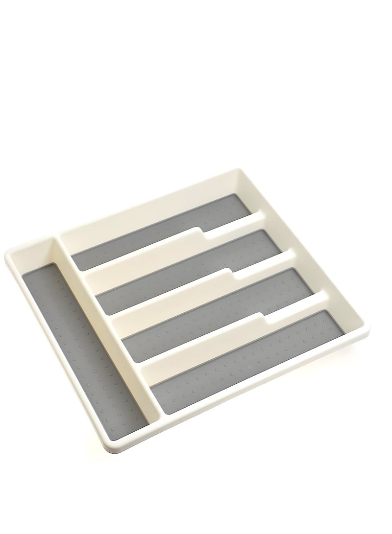فاصل أدوات المائدة ومنظم أدراج متعدد الأغراض من البلاستيك، صينية أدوات المائدة، درج أدوات المائدة، تخزين الأدراج، رف أدوات المائدة باللون الأبيض الفاتح (5 أقسام)  - Image 1