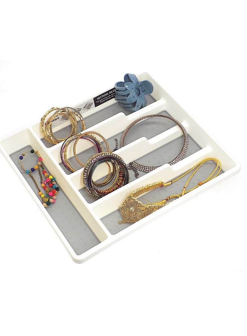 فاصل أدوات المائدة ومنظم أدراج متعدد الأغراض من البلاستيك، صينية أدوات المائدة، درج أدوات المائدة، تخزين الأدراج، رف أدوات المائدة باللون الأبيض الفاتح (5 أقسام)  - Image 2