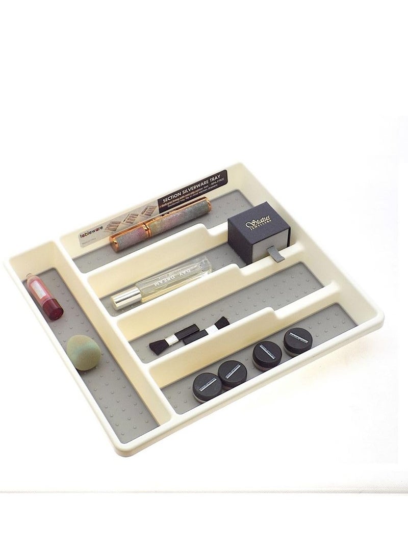 فاصل أدوات المائدة ومنظم أدراج متعدد الأغراض من البلاستيك، صينية أدوات المائدة، درج أدوات المائدة، تخزين الأدراج، رف أدوات المائدة باللون الأبيض الفاتح (5 أقسام)  - Image 4