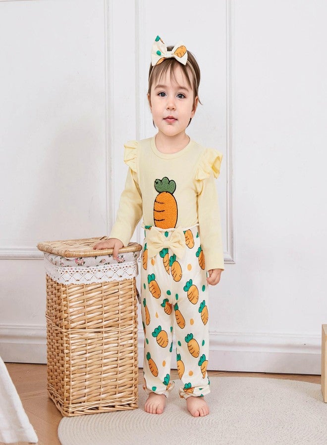 FOCUSNORM Newborn Baby Girls Easter Outfits Cute Carrot Embroidery Romper and Pants Sets My First Easter Baby Girl Outfits (Easter Yellow, 0-3 Months) - Image 2
