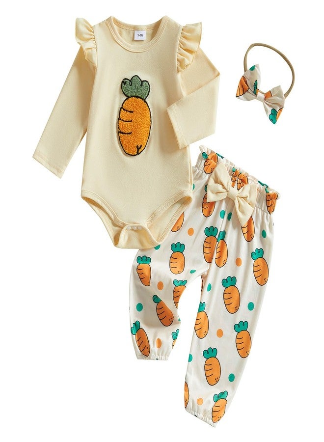 FOCUSNORM Newborn Baby Girls Easter Outfits Cute Carrot Embroidery Romper and Pants Sets My First Easter Baby Girl Outfits (Easter Yellow, 0-3 Months) - Image 1