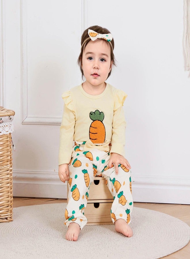 FOCUSNORM Newborn Baby Girls Easter Outfits Cute Carrot Embroidery Romper and Pants Sets My First Easter Baby Girl Outfits (Easter Yellow, 0-3 Months) - Image 4