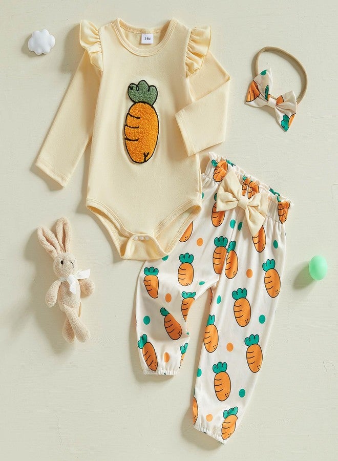 FOCUSNORM Newborn Baby Girls Easter Outfits Cute Carrot Embroidery Romper and Pants Sets My First Easter Baby Girl Outfits (Easter Yellow, 0-3 Months) - Image 5