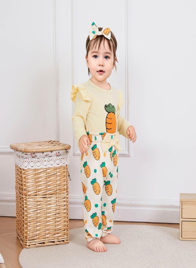 FOCUSNORM Newborn Baby Girls Easter Outfits Cute Carrot Embroidery Romper and Pants Sets My First Easter Baby Girl Outfits (Easter Yellow, 0-3 Months) - Image 3
