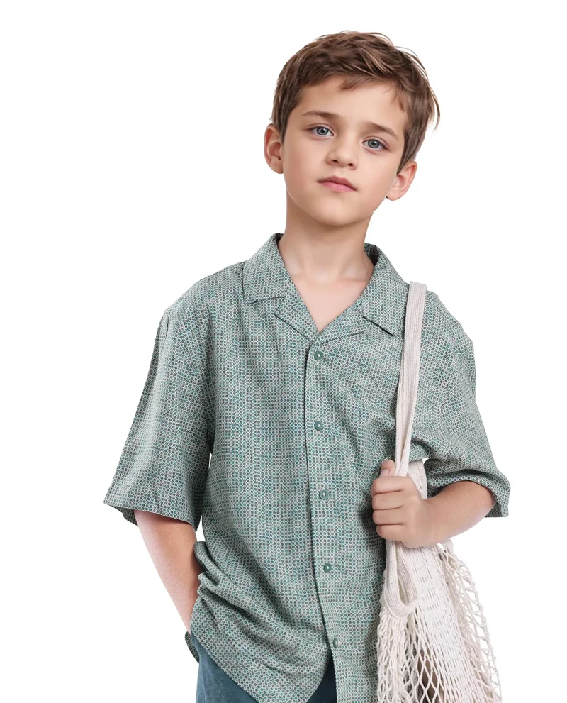 رير ونز Rare Ones Kids Zyro Green Viscose Half Sleeve Button Printed Regular Fit Shirt