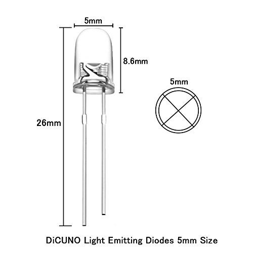 DiCUNO 200pcs 5mm Light Emitting Diodes, Round Clear LED Assorted Kit 10 Colors, White/Red/Yellow/Green/Blue/Pink/Orange/Warm White/UV/Chartreuse, 10 Colors x 20pcs Diodes - Image 2