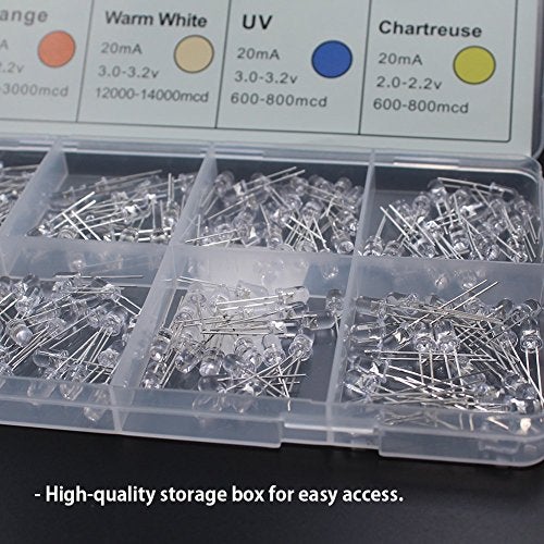 DiCUNO 200pcs 5mm Light Emitting Diodes, Round Clear LED Assorted Kit 10 Colors, White/Red/Yellow/Green/Blue/Pink/Orange/Warm White/UV/Chartreuse, 10 Colors x 20pcs Diodes - Image 5