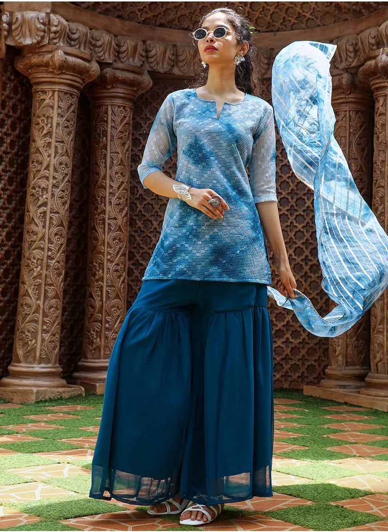  قصة Women's Indigo Blue Tie-Dye Kurti With Palazzo And Dupatta