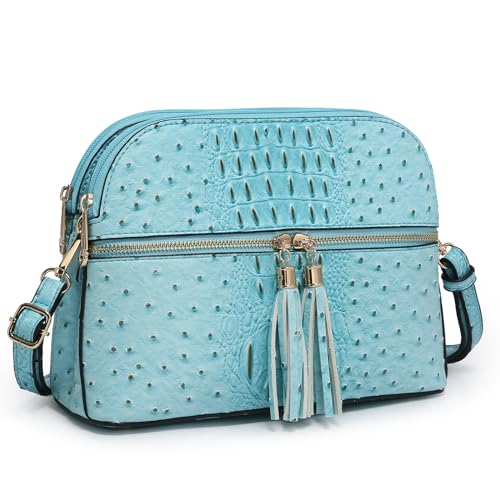 Dasein Women Tassel Zipper Pocket Crossbody Bag Shoulder Purse Fashion Travel Bag with Multi Pockets(Ostrich Blue) - Image 1