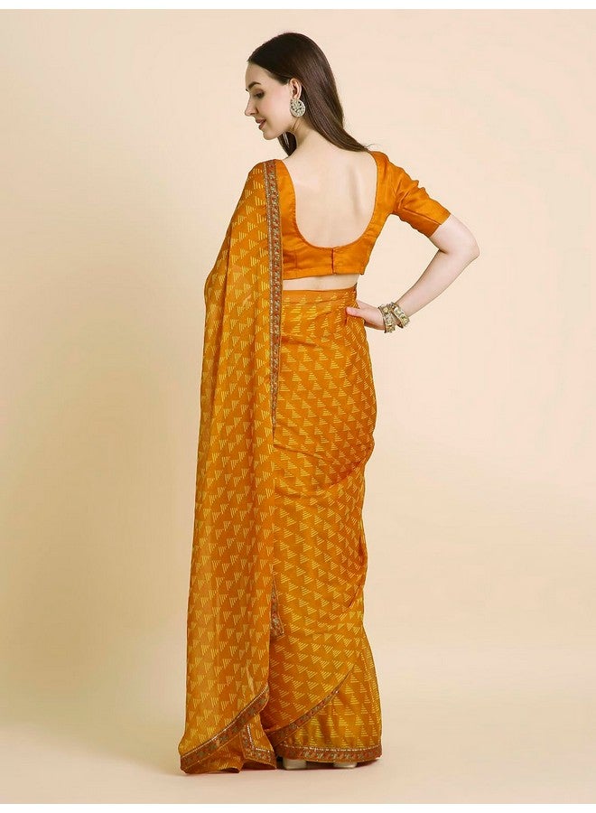 RATAN Women's Chiffon Printed Saree with Printed Blouse Piece (VAAB-BP-21880_Mustard Yellow) - Image 2