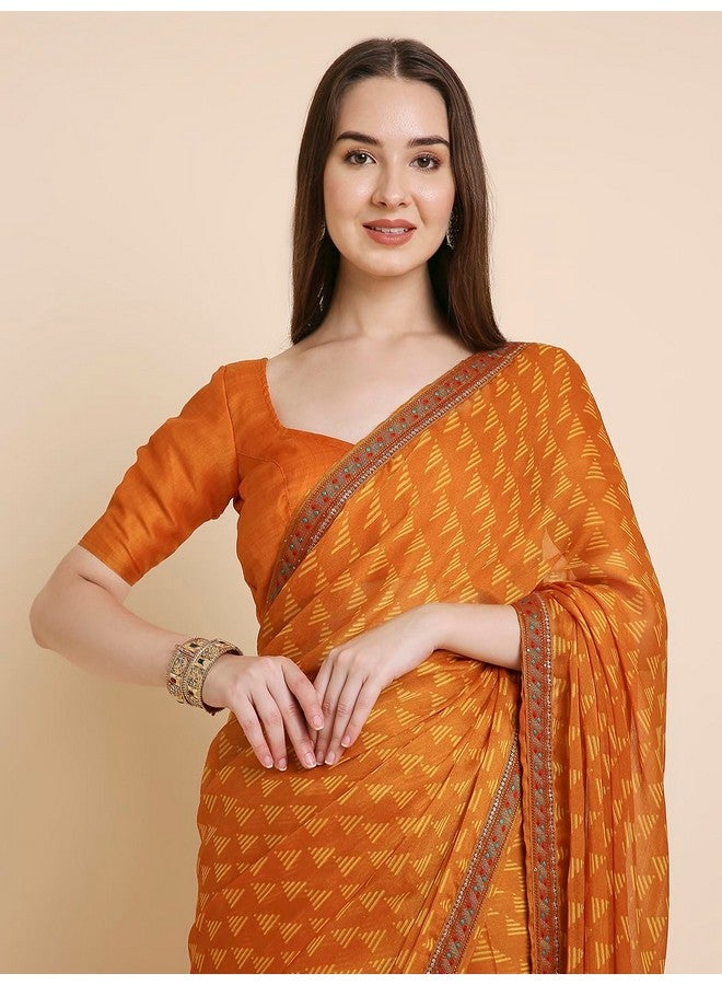 RATAN Women's Chiffon Printed Saree with Printed Blouse Piece (VAAB-BP-21880_Mustard Yellow) - Image 5