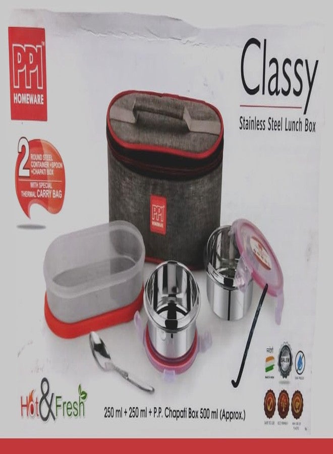 PPI Homeware علبة غداء/علبة طعام أنيقة من الفولاذ المقاوم للصدأ من PPI Homeware (250 مل + 250 مل + علبة خبز شاباتي من البولي بروبيلين 500 مل) مع حقيبة غداء مانعة للتسرب - Image 1