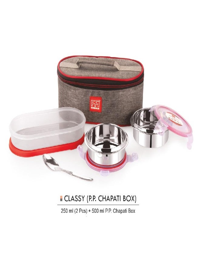 PPI Homeware علبة غداء/علبة طعام أنيقة من الفولاذ المقاوم للصدأ من PPI Homeware (250 مل + 250 مل + علبة خبز شاباتي من البولي بروبيلين 500 مل) مع حقيبة غداء مانعة للتسرب - Image 5